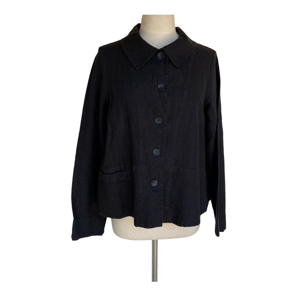 FLAX Women’s Top Size S Black Button Front Linen Pocket Shirt Blouse